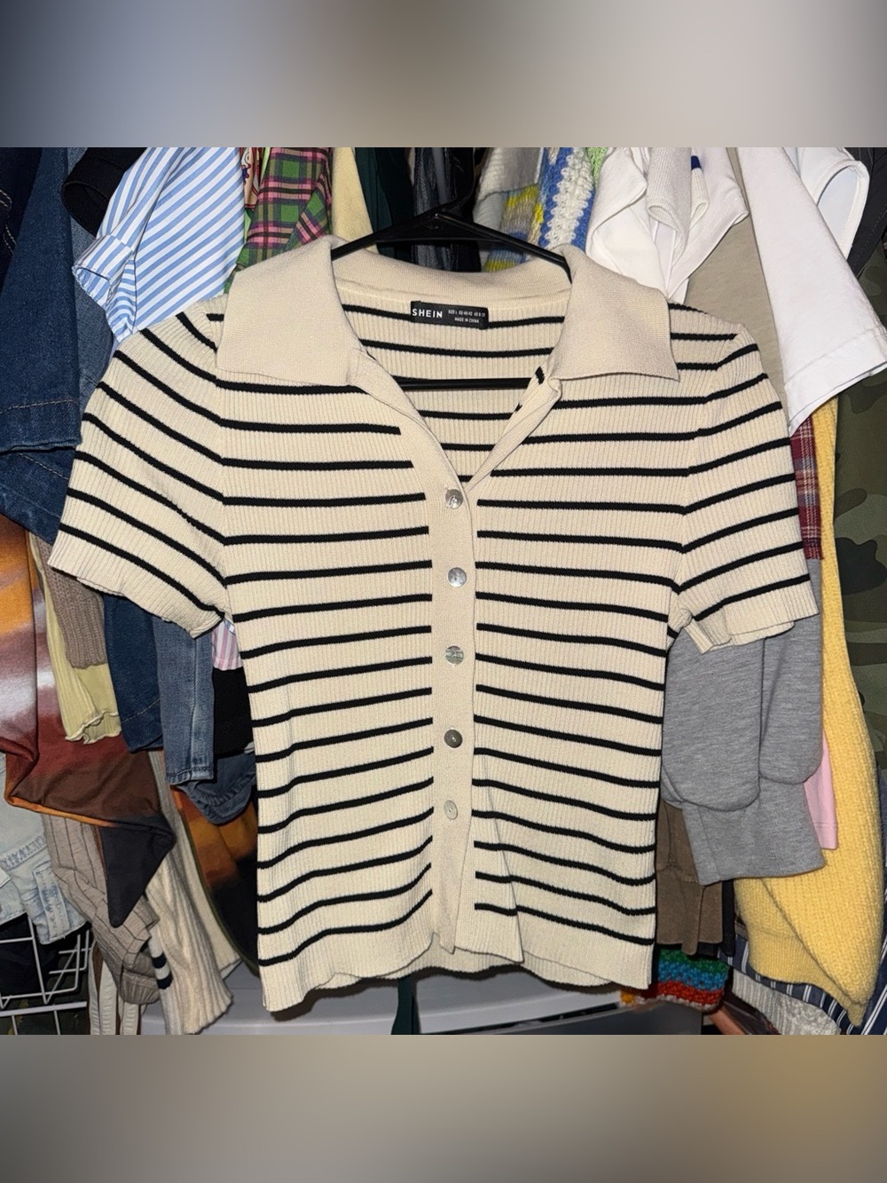 SHEIN womens Cream & Black Striped Button-Up Polo Top